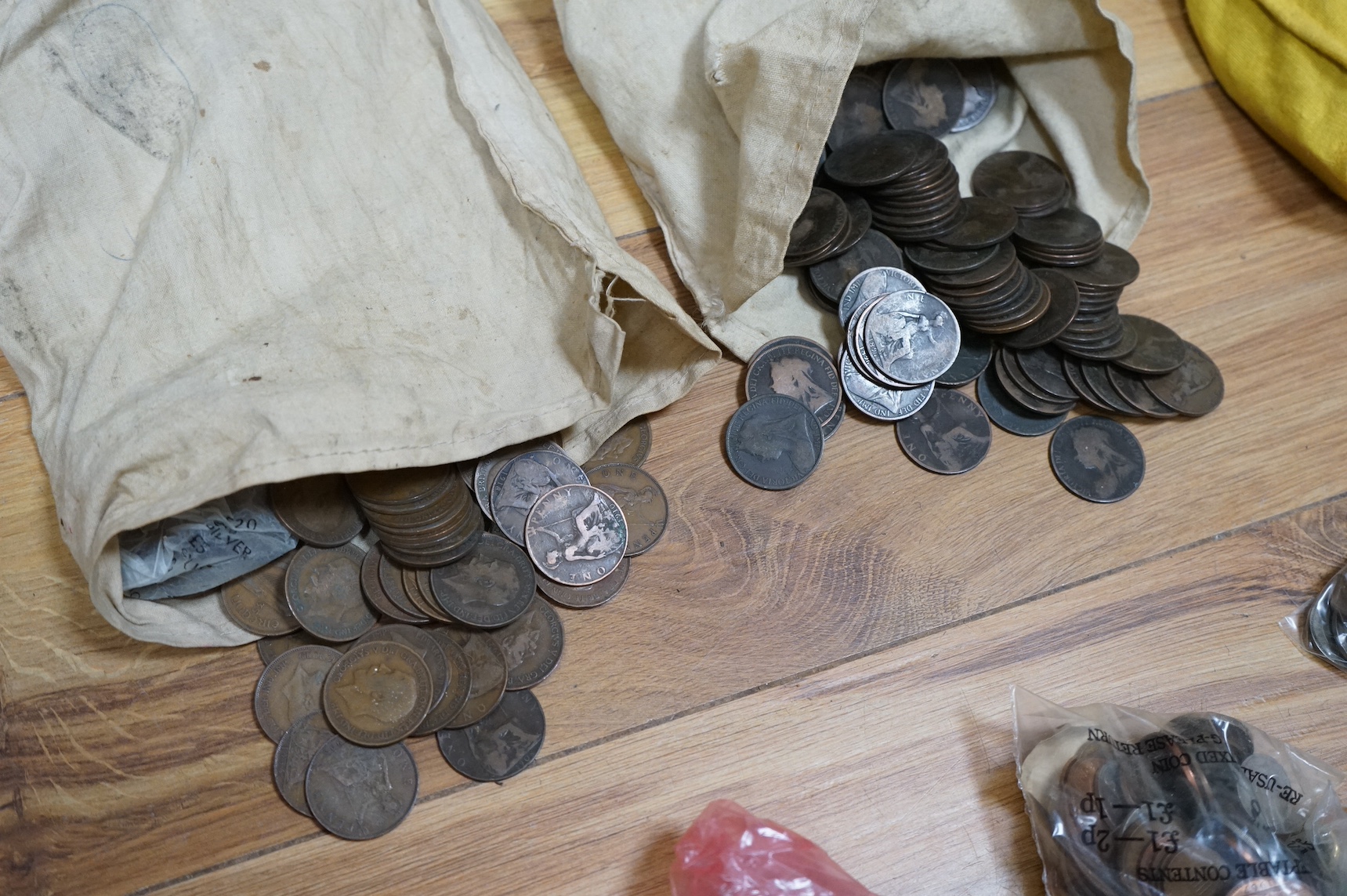 Four bags of old copper pennies. Condition - varies